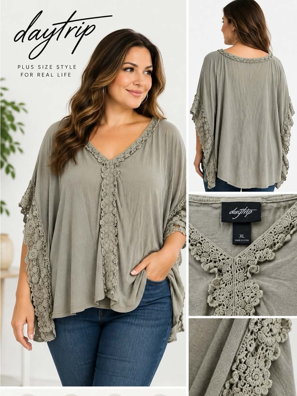 Daytrip Women’s XL Boho Crochet Lace Poncho Top Gray Taupe Rayon Oversized.
